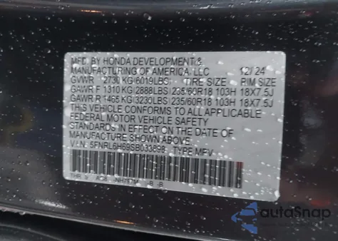 2025 Honda Odyssey Ex-L из США, поврежденный, VIN 5FNRL6H69SB033898